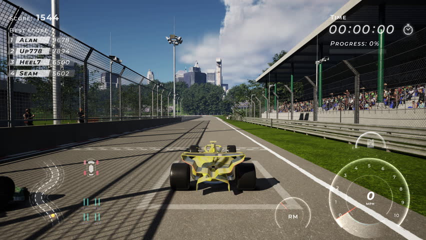 Playing the newest mockup fake formula 1 game. Animation of the fast cars driving in the digital mockup fake formula 1 game. Crashing the vehicle and losing the fake formula 1 game challenge. Royalty-Free Stock Footage #1110140009
