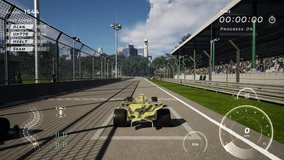 Playing the newest mockup fake formula 1 game. Animation of the fast cars driving in the digital mockup fake formula 1 game. Crashing the vehicle and losing the fake formula 1 game challenge.