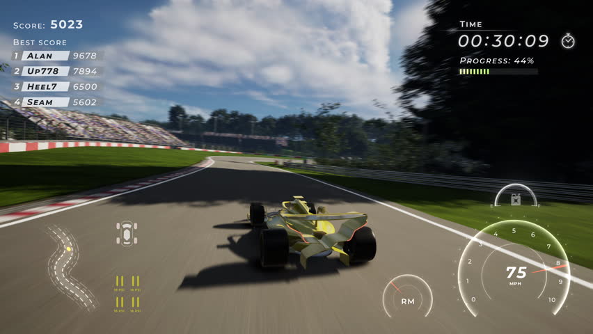 Playing the newest mockup fake formula 1 game. Animation of the fast cars driving in the digital mockup fake formula 1 game. Crashing the vehicle and losing the fake formula 1 game challenge.