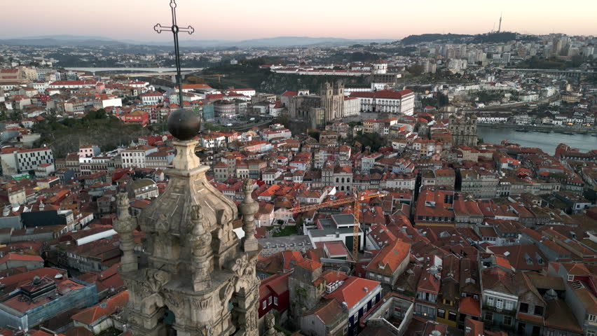 Aerial view of the Historic Centre of Porto at dusk in Porto, Portugal.  Royalty-Free Stock Footage #1110144171