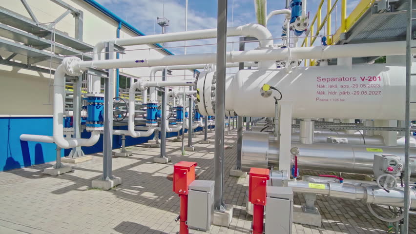 Moving around separators and pipelines at a Natural gas compressor station, sunny day | Shutterstock HD Video #1110144825
