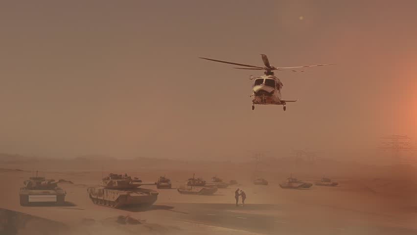 Military helicopter and two soldiers training at a desert. Group of tanks in the desert. Middle East War concept.