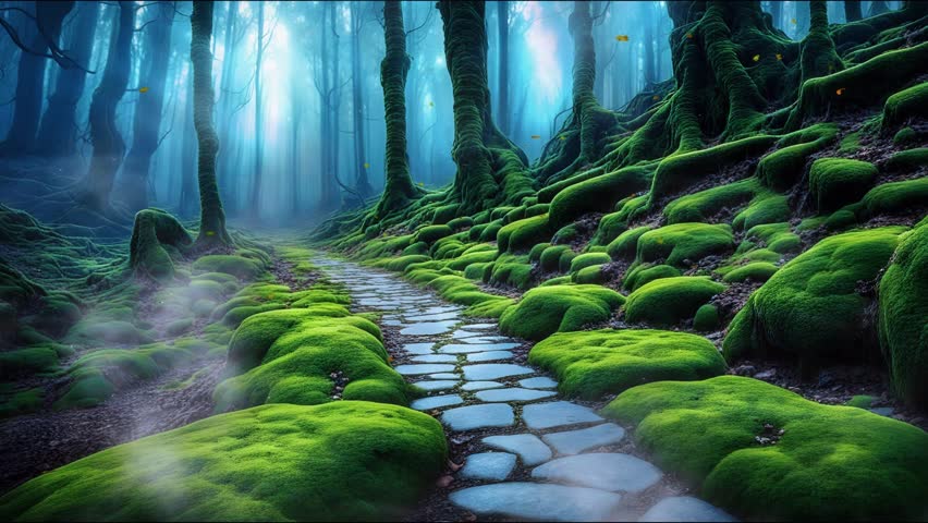 Path with mossy rocks in the forest with fog and fallen leaves. 4K quality looping video Royalty-Free Stock Footage #1110148625