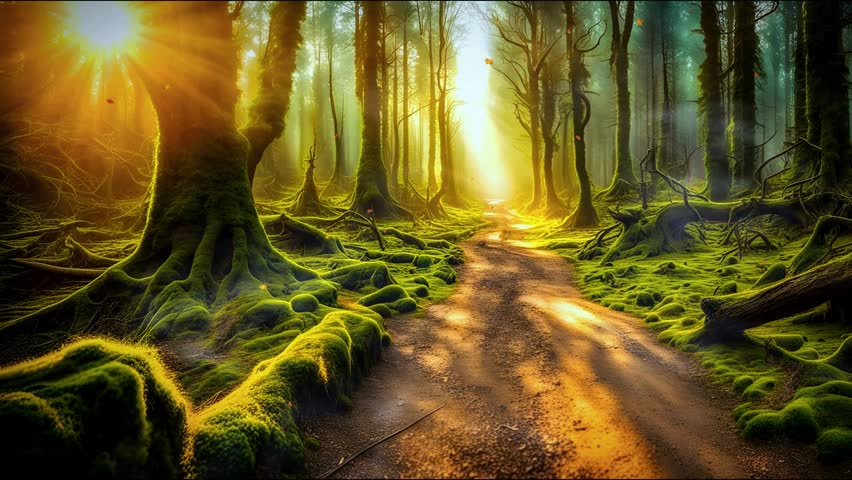 View of a dirt road in a mystical forest with fallen leaves and sunlight. 4K quality looping video Royalty-Free Stock Footage #1110148643