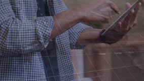 Animation of multiple graphs with changing numbers, biracial man scrolling on digital tablet. Digital composite, multiple exposure, report, business, growth, profit and technology concept. - Powered by Shutterstock - Get 15% off with code: PIKWIZARD15