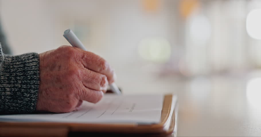 Elderly man, hands and writing on paperwork for retirement plan, legal agreement or application at home. Closeup of senior male person signing documents, form or finance for investment at house Royalty-Free Stock Footage #1110150187