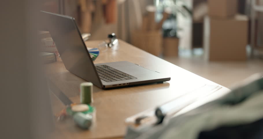 Desk, laptop and fashion design with home with empty office with tech ready for work. Computer, startup and creative workplace for architecture and interior designer career with pc and online job