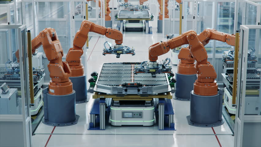 Row of Robotic Arms inside Bright Plant Assemble Batteries for Automotive Industry. EV Battery Pack Automated Production Line Equipped with Orange Advanced Robot Arms. Modern Electric Car Smart Factor Royalty-Free Stock Footage #1110152641