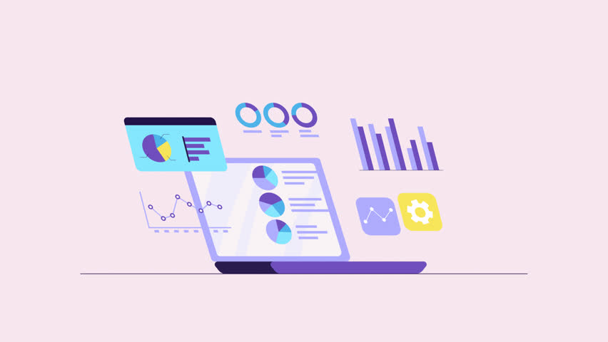 Animation of laptop and graphics, Financial diagram and charts. Software, web development, programming concept. Abstract graphs and diagrams for business  on screen. Internet page or web interface - Powered by Shutterstock - Get 15% off with code: PIKWIZARD15