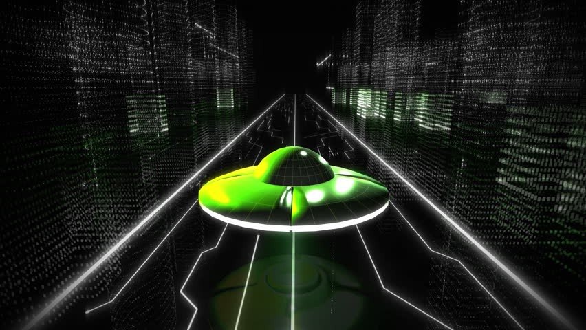 Entering the virtual cyberspace consisting of coding data. A green UFO is flying through cyberspace above the coding. Binary coding data is processed in the futuristic cyberspace. Aliens. 3D Animation - Powered by Shutterstock - Get 15% off with code: PIKWIZARD15
