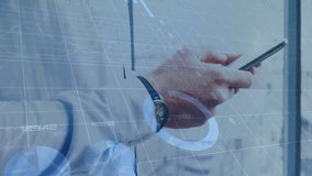 Animation of multiple graphs, changing number, loading circles, caucasian man using smartphone. Digital composite, multiple exposure, report, growth, business, progress and technology concept. - Powered by Shutterstock - Get 15% off with code: PIKWIZARD15