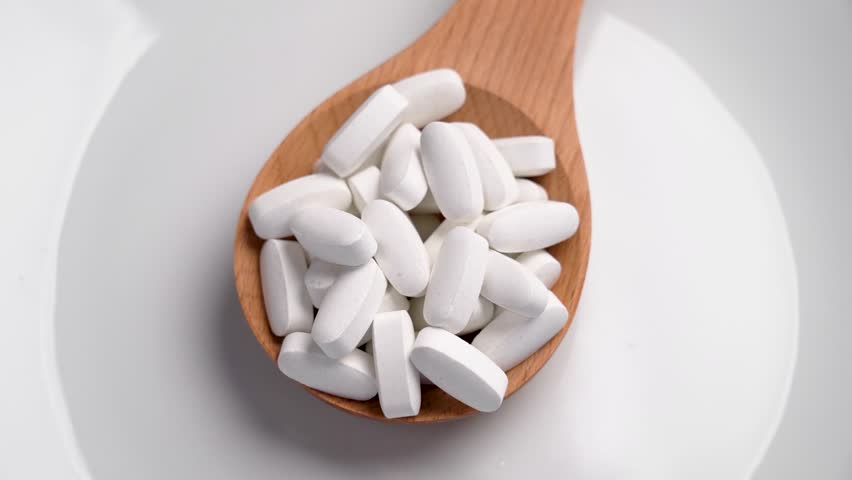 Pharmacy pills falling into a wooden spoon in slow motion on white glossy dish. Medicine and health concept
