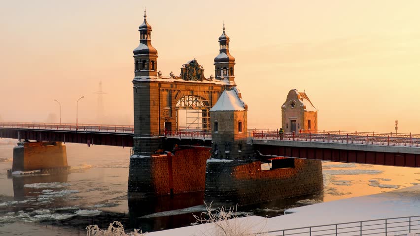 Winter. River Neman. The Queen Louise Bridge. Sovetsk Kaliningrad region. Sunrise Royalty-Free Stock Footage #1110163847