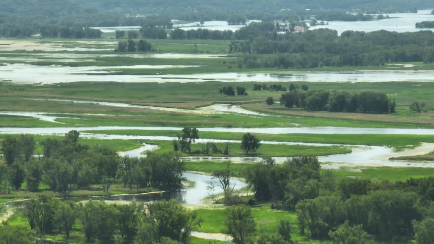 Telephoto aerial shot of Slough wetland in Mississippi river, landscape, USA