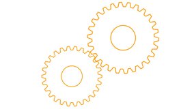 Animated orange two gears spin. Linear symbol. Concept of teamwork, business, technology,  industry. Looped video. Vector illustration isolated on white background.