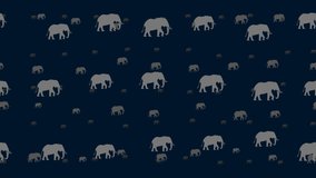 Elephant symbols float horizontally from left to right. Parallax fly effect. Floating symbols are located randomly. Seamless looped 4k animation on dark blue background