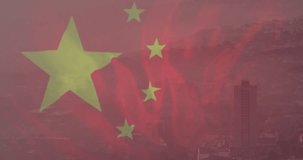 Animation of flag of china over cityscape. Global business, finance and global economy concept digitally generated video.
