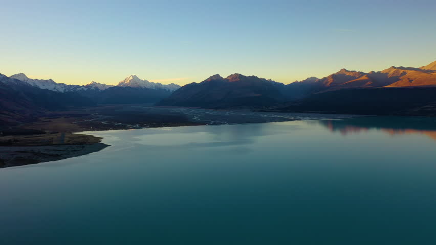 Beautiful aerial view of Mount Cook at dawn from Lake Pukaki, New Zealand.