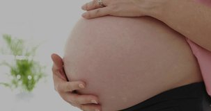 Dna strand over midsection of pregnant caucasian woman touching belly. Pregnancy, self care, technology, genetics, development, motherhood and healthcare digitally generated video.