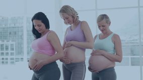 Clock with fast moving hands over three happy pregnant caucasian women holding their bellies. Pregnancy, self care, time, development, expectancy, motherhood and lifestyle digitally generated video.