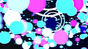 Dynamic bright abstract tunnel with flying shapes, circles, squares, particles and glowing rings in poison color. Trendy animation for video. Fast motion effect. Vertical video 4K