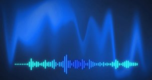 Animation of music text and frequency meter over blue soundwaves on black background. Social media, music, entertainment, sound, digital interface and communication digitally generated video.