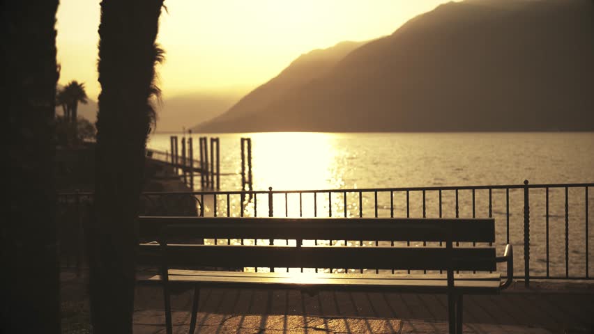 Scenic sunrise in Briago, Swiss village with a picturesque harbor, a captivating misty ambiance, a foggy atmosphere, and a prominent bench and a palm tree in the foreground Royalty-Free Stock Footage #1110177423