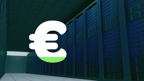 Animation of euro currency sign filling up with green over computer servers. Global finance, business, currency, digital interface, computing and data processing concept digitally generated video. - Powered by Shutterstock - Get 15% off with code: PIKWIZARD15