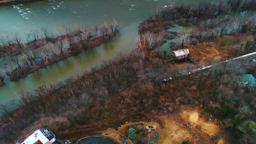 Aerial Train Along River West Virginia Potomac River History Cinematic Drone