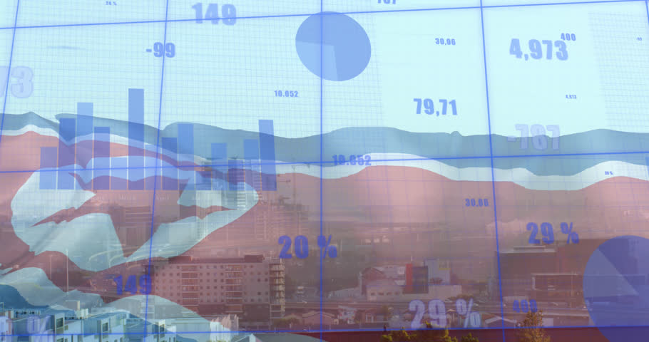 Animation of diagrams, data processing and flag of north korea over city. Global business, patriotism and architecture concept digitally generated video.