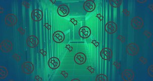 Animation of bitcoins over green symbols in server room. Global business, finances and currency concept digitally generated video.