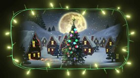Frame of yellow string lights flashing over christmas village scene with santa in sleigh. Christmas, decorations, tradition and celebration digitally generated video.
