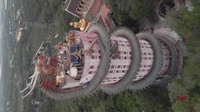 Vertical video. Aerial view of dragon temple located near Bangkok, Thailand.