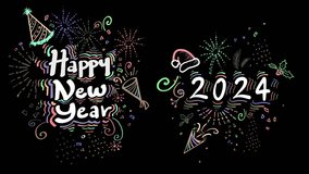 New Year 2024 colorful doodle abstract animation. Creative Colorful Neon Led Greeting Card. Happy new Year 2024 Animation Design. Doodle Style New Year and Christmas Colorful Neon Led Decorations. - Powered by Shutterstock - Get 15% off with code: PIKWIZARD15