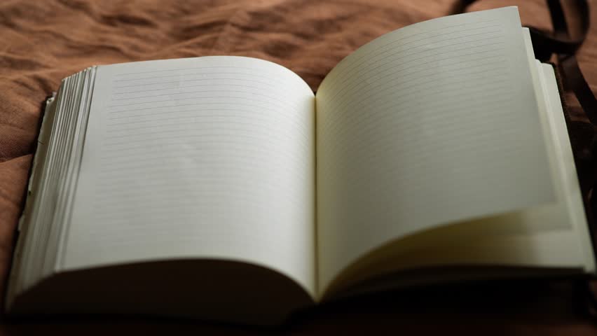 Leatherbound Journal with blank lined pages, lying open. Handheld.