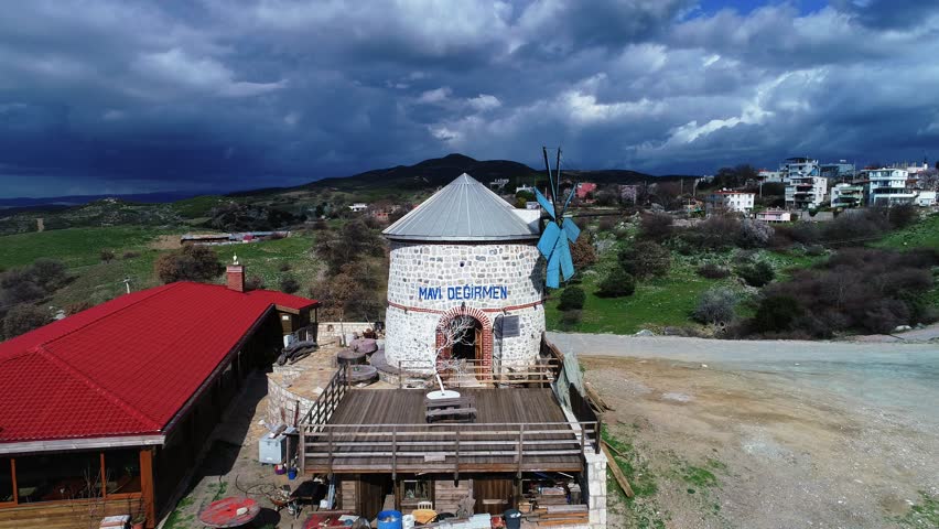 Aerial view of the historical windmill, which is 170 years old and still working (the blue mill with its name is written on the mill)