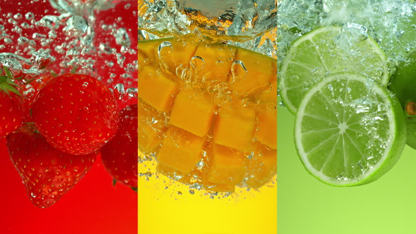 Super slow motion of falling fresh fruit into. Filmed on high speed cinema camera, 1000 fps.