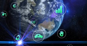 Animation of digital eco icons processing over globe. Global environment, data processing and computing concept digitally generated video.