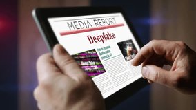 Deepfake AI disinformation fake news and misinformation daily newspaper reading on mobile tablet computer screen. Man touch screen with headlines news abstract concept 3d. - Powered by Shutterstock - Get 15% off with code: PIKWIZARD15