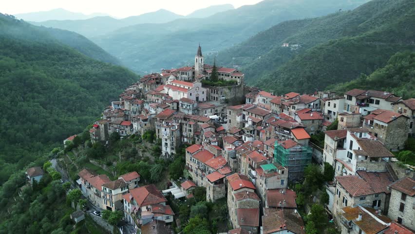Aerial video of ancient Italian town Apricale in the mountains