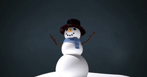 Animation of snowman over snow falling on blue background. Christmas, tradition and celebration concept digitally generated video.