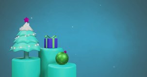 Animation of chrstmas tree and cookie over snow falling on blue background. Christmas, tradition and celebration concept digitally generated video.