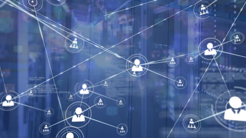 Animation of network of connections with icons over computer servers. Global networks, computing, digital interface and data processing concept digitally generated video.