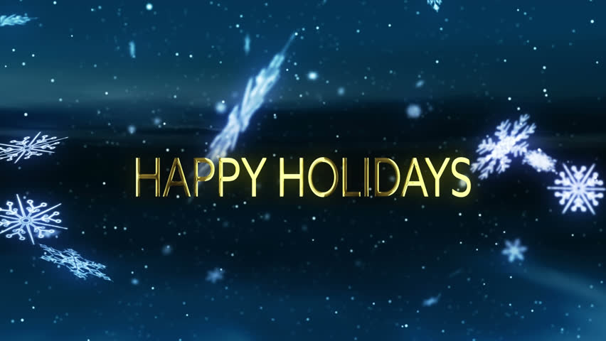 Animation of hapy holidays text over snow falling on blue background. Christmas, tradition and celebration concept digitally generated video.