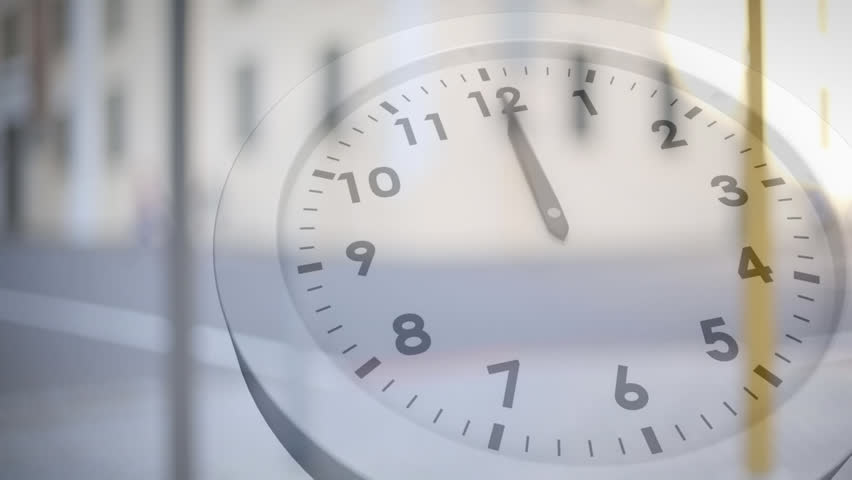 Animation of ticking clock against blurred view of people walking on the street. Business working hours and time management concept