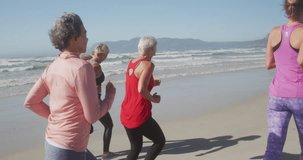 Animation of social media data processing over diverse women exercising on beach. Global fitness, networks, computing, digital interface and data processing concept digitally generated video.