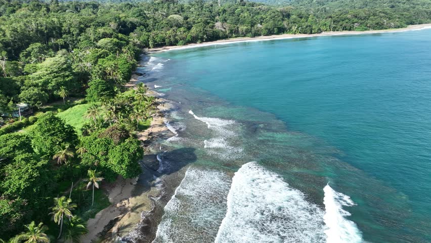 Lush tropical Caribbean Coast of Limon in Costa Rica -aerial views of Cocles, Punta Uva, Playa Chiquita and Manzanillo