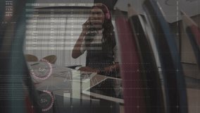 Animation of statistical data processing against biracial girl listening to music at school. School and education concept - Powered by Shutterstock - Get 15% off with code: PIKWIZARD15