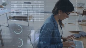 Animation of statistical data processing against biracial woman using digital tablet at office. Computer interface and business data technology concept - Powered by Shutterstock - Get 15% off with code: PIKWIZARD15