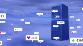 Animation of social media icons against computer server in the sky. Social media networking and cloud data storage technology concept - Powered by Shutterstock - Get 15% off with code: PIKWIZARD15